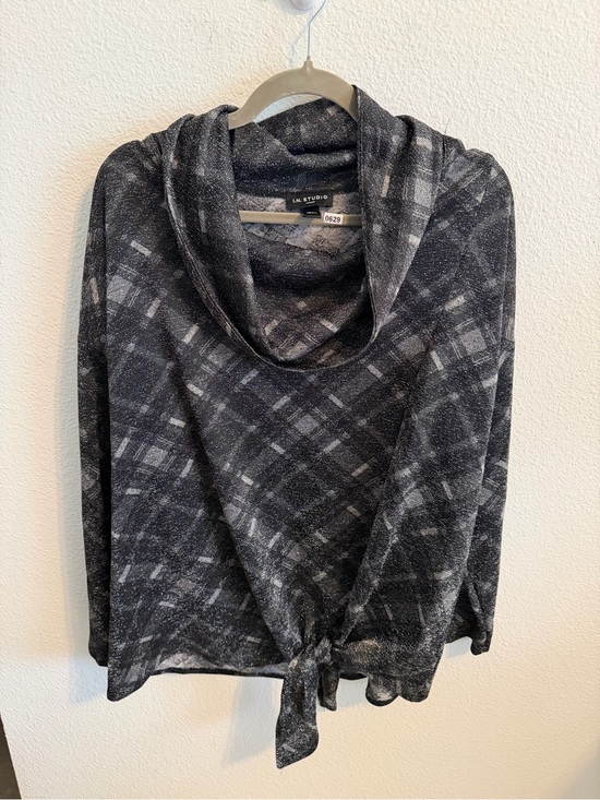I.N. Studio Sweaters - I.N. Studio Black & Gray Plaid Cowl-Neck Tie-Hem Sweater